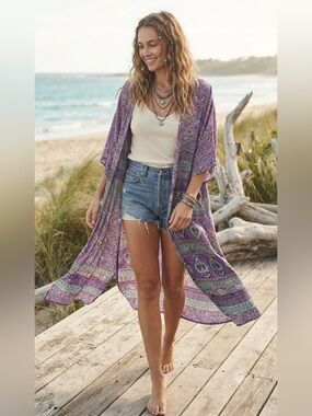 Karma Highway Purple Floral Paisley Kimono Duster: O/S